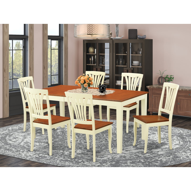 7 Piece Dining Room Table Set Consist of a Rectangle Wooden Table with Butterfly Leaf and 6 Kitchen Dining Chairs, Buttermilk & Cherry
