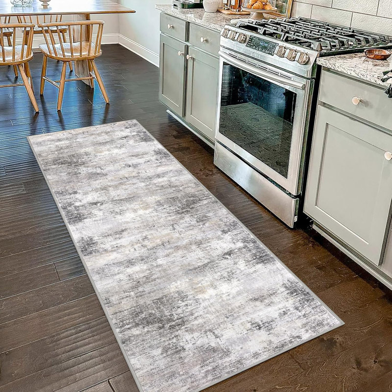 Tapis de cuisine abstrait lavable, Tapis de couloir 2 pi x 7 pi, Gris cendre, beige