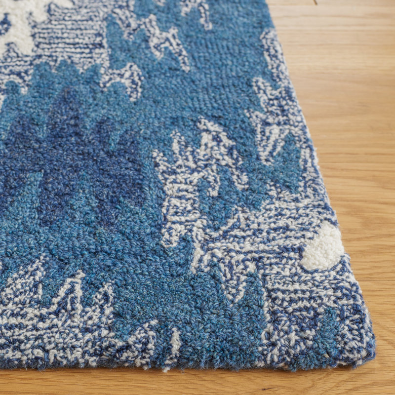 Tapis bleu / ivoire en laine / coton touffeté à la main Ikat, Rectangle 8 pi x 10 pi