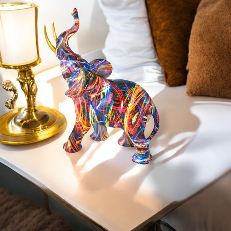 Elephant With Trunk Up Colourful Modern Resin Statue - Berdan Unique Modern Home Décor, 8"x4"x 10"H