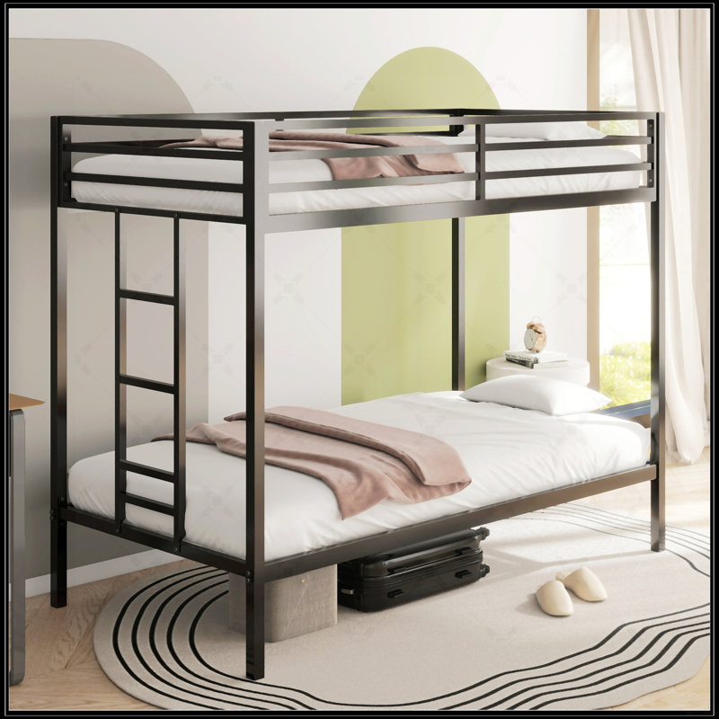 Adam Sturdy Twin Over Twin Bunk Bed, Metal Frame With Ladder And Guardrails, Ideal For Kids And Adults, Space-Saving Design