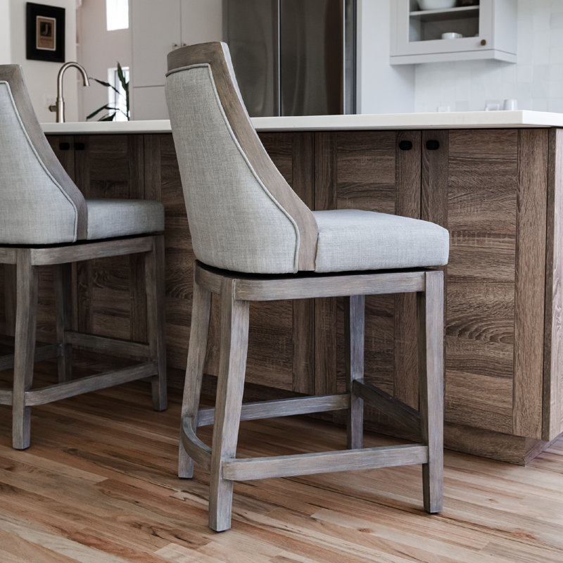 Vienna 31" Ash Grey Upholstered Swivel Bar Stool with Reclaimed Oak Frame