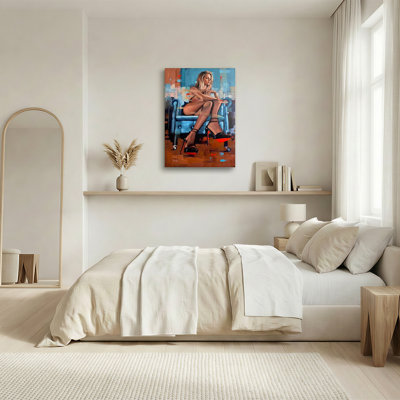 Seated Blonde Woman In Black High Heels On Blue Chair Canvas Wall Art