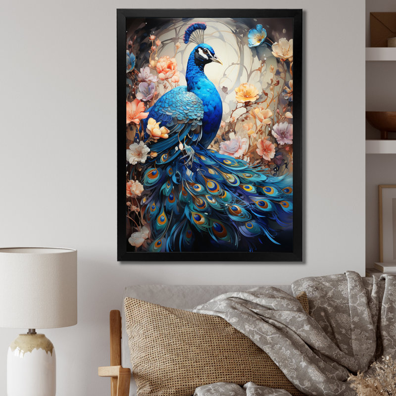 Woodsum Blue Coral Indian Art Dancing Peacock I - Art mural indien, Cadre simple noir, H 44 po x l 34 po x P 1,5 po