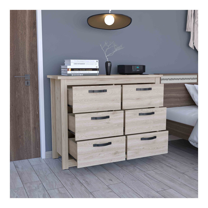 Commode double 6 tiroirs Becca, quatre pieds, quincaillerie en métal - gris clair