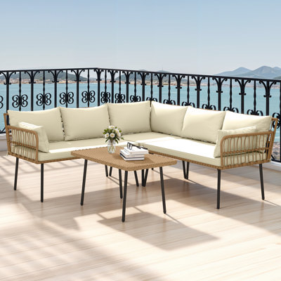 Yellow Convertible Swivel Outdoor Sofa Set – 4-Piece PE Rattan Lounge with Cushions & Coffee Table