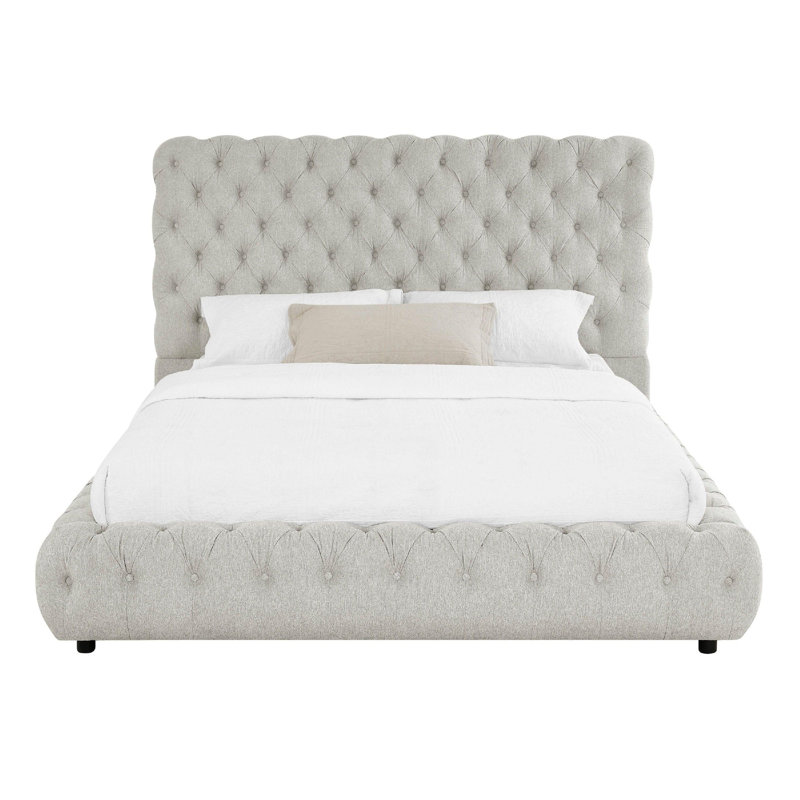 Goy Bed, Low Profile, Button Tufted,  Velvet Upholstery, Light Gray, King