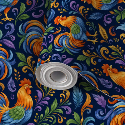 Rouleau de papier peint à motif de coq de poulet à motif familial, plumes colorées, plumes colorées, revêtement mural auto-adhésif amovible pour le salon, la chambre à coucher et le mur