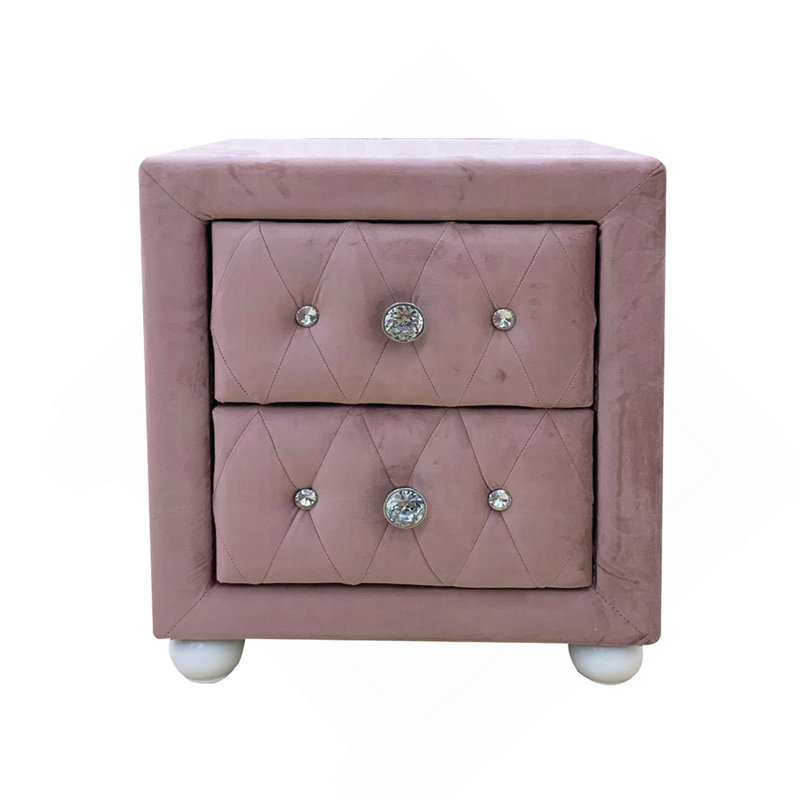 Table de chevet rembourrée en tissu avec 2 tiroirs, rose