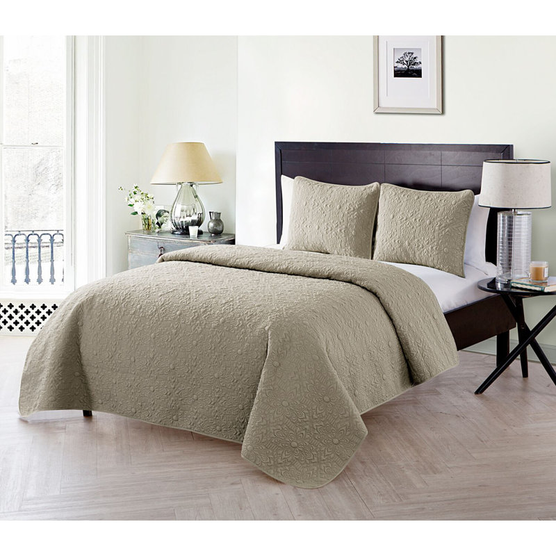 Gray Twin Microfiber Embossed Floral Quilt Set