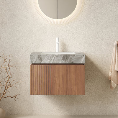 MURI 24" Bathroom Vanity&Sink, Floating Plywood Storage Cabinet with 2 Doors, Light Gray Sintered Stone Top&Ceramic Basin with 1 Pre-drilled Faucet Hole, Pre-assembled, Brown Oak Woodgrain
