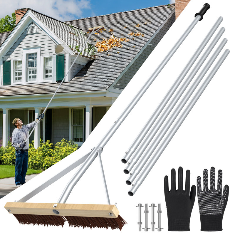 Soontrans Leaf Roof Brush and Snow Rake 2-in-1 with Gloves, 21 FT Extendable Roof Cleaning Brush Tool, Lightweight Aluminum Roof Rake Remove Leaves for Shingles, Corrugated, Solar Panel