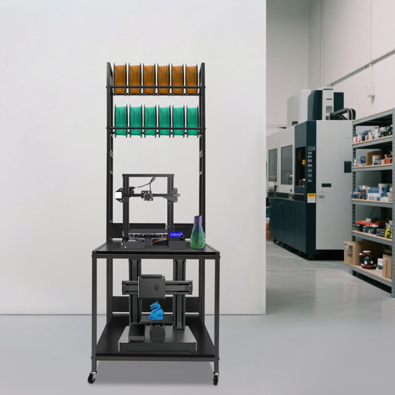Adjustable 3D Printer Stand with Filament Storage Rack, Mobile Printer Cart with Wheels and 2 Shelves, Black