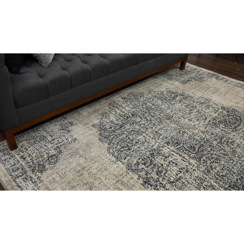 Gray and Indigo Synthetic Medallion Runner Rug