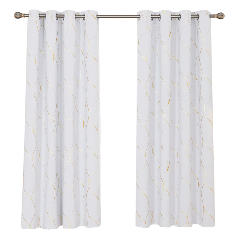 Grayish White-Gold Wave Blackout Grommet Curtains, 52x84 Inch, 2 Panels
