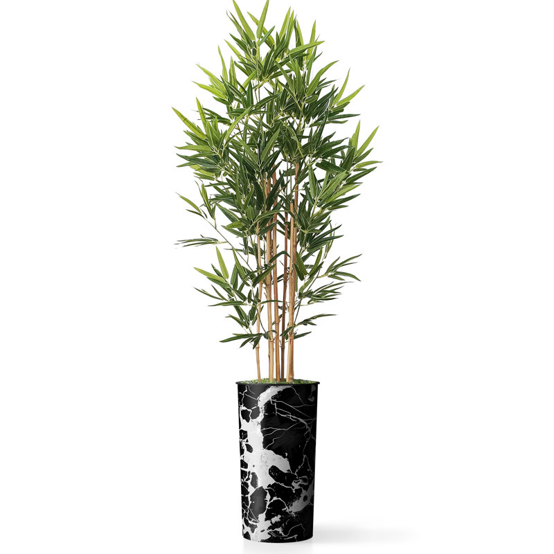 Artificial Tree in Contemporary Geometric Pattern Planter Fake Bamboo Silk Tree Plant Pot Plus Tree, Modern Black