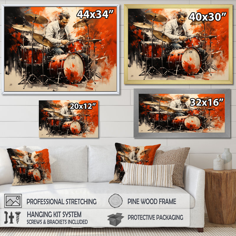 Deep Red Drum Beat, peinture I - musique, art mural, Toile tendue, H 30 po x l 40 po x P 1,5 po