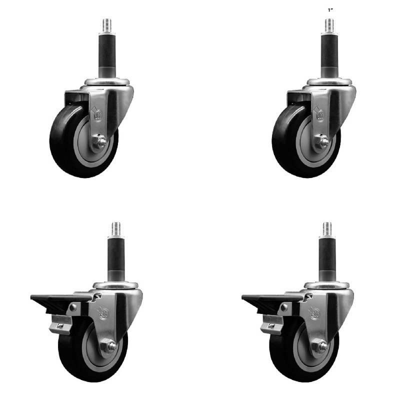 Ensemble de roulettes extensibles pivotantes en poly sur roulettes 2 freins SCC PLB 3,5 po x 1 po, Noir
