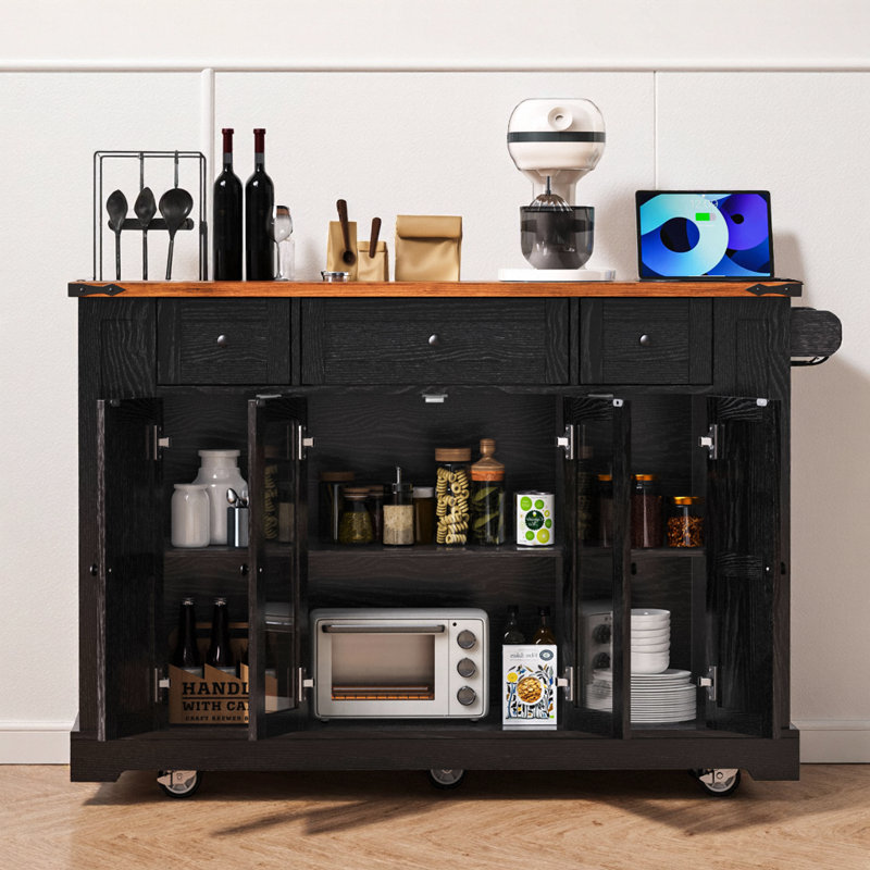 53-Inch Farmhouse Kitchen Island with Power Outlet, Drop Leaf, and Locking Wheels, Black