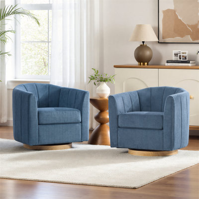 31" W Upholstered Swivel Accent Chair With Channel Tufted Back, Storage And Wooden Base