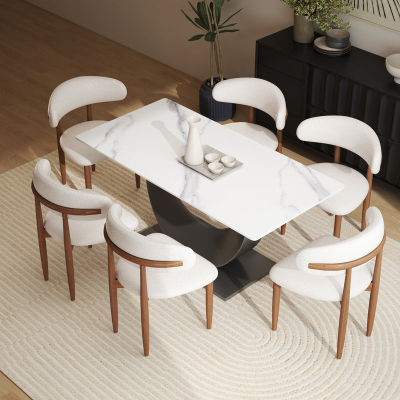 Juvan Modern Sintered Stone Dining Set, 7 Pieces: Table, 6 Chairs, 29.21" H x 62.99" W x 31.5" D, White/Brown