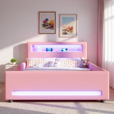 Lit plateforme tapissier avec tiroir, bande lumineuse à DEL et port USB
