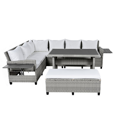 5-Piece Outdoor Patio Rattan Sofa Set, L-Shaped Sectional With 2 Extendable Side Tables