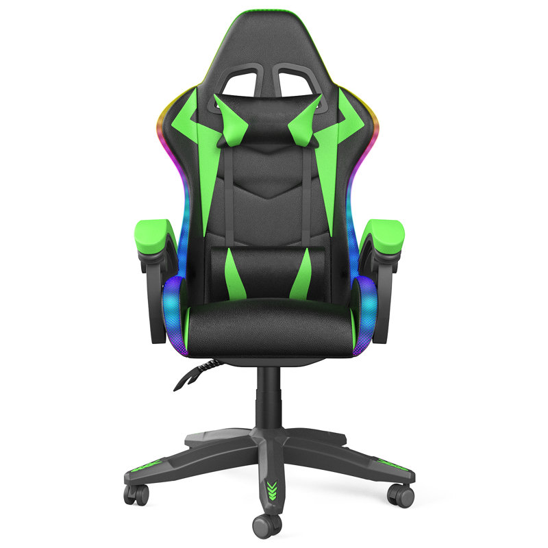 Reclining Gaming Chair with LED Lights and Headrest, Black/Green