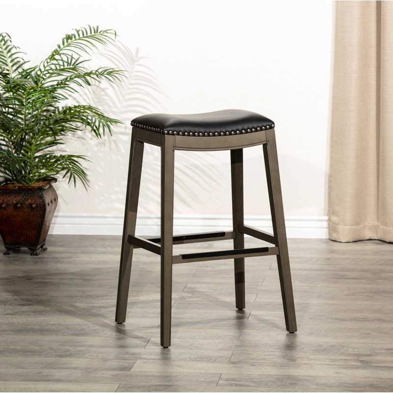 Tabouret de bar gris vieilli de 30 po, siège en cuir noir - un choix élégant pour votre hauteur, Siège gris / cadre gris