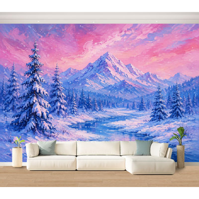 Papier peint adhésif peler et coller paysage de montagne hivernal recouvert de neige arbres coucher de soleil rose autocollant amovible papier contact mural pour salon chambre à coucher H 100 po x l 144 po
