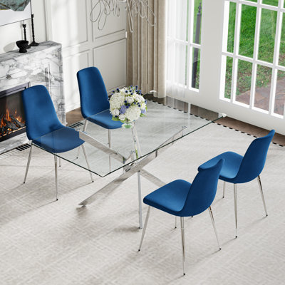 Ensemble de salle à manger moderne 5 pièces - Table en verre trempé avec base en acier inoxydable et 4 chaises rembourrées en velours