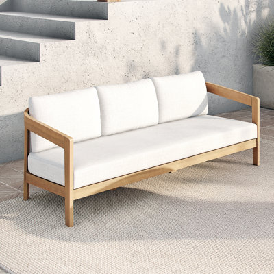 Pablo Solid Acacia Wood Patio Sofa, Natural/White