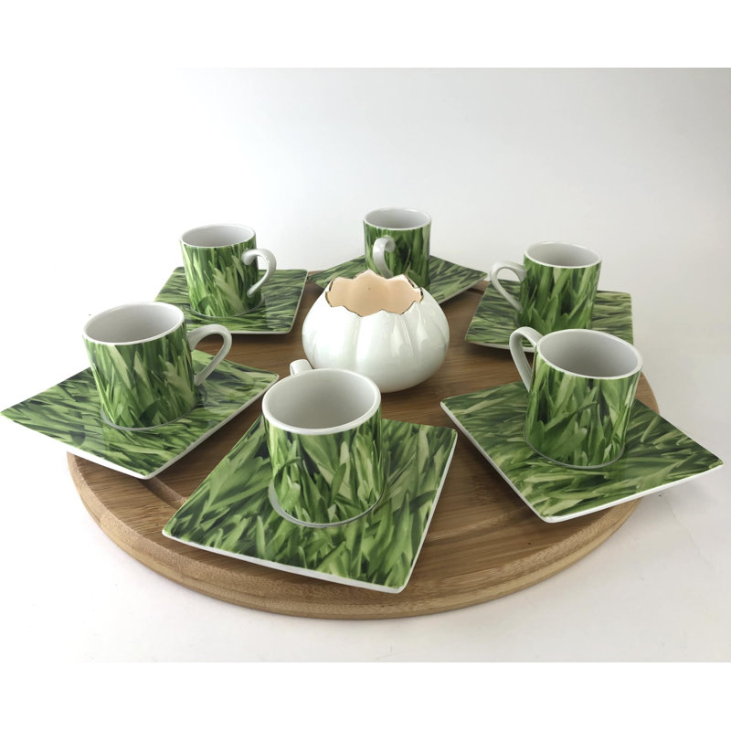 Ensemble de 6 tasses à thé avec soucoupes carrées en porcelaine tendre et herbe Victoria Victoria