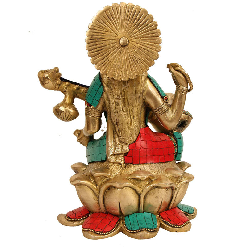Statue de déesse Saraswati en laiton avec Veena sur un trône de lotus, figurine de divinité traditionnelle indoue de 10 po pour l'autel et le salon