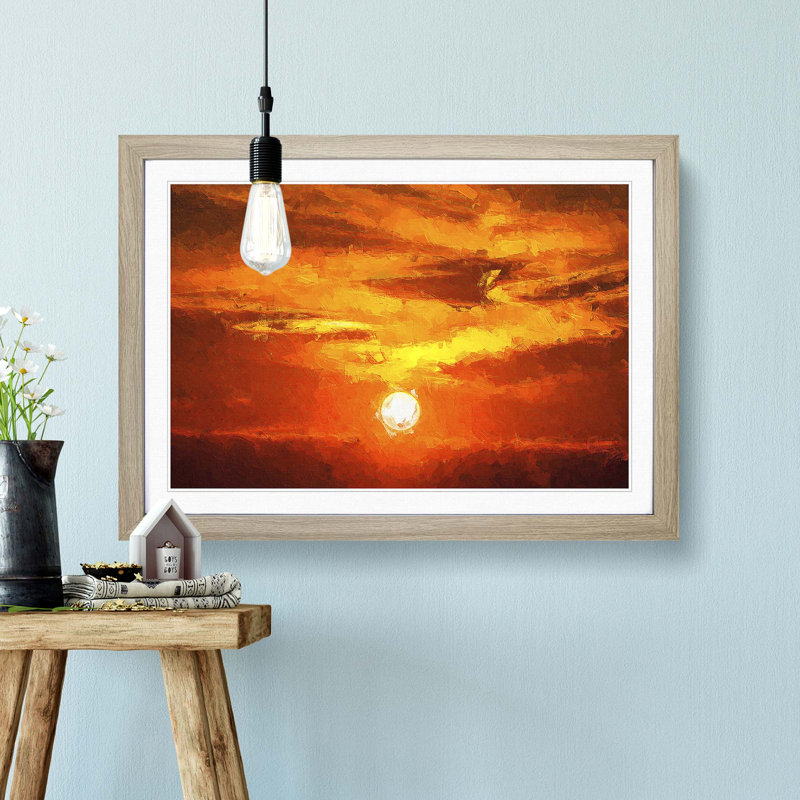 Striking Orange Sunset in Abstract - Picture Frame Painting Print, Oak Framed, 48cm H x 65cm W x 2cm D
