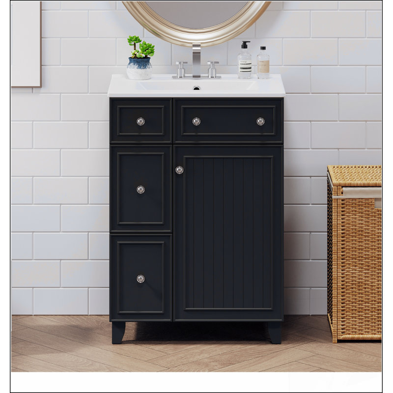 Armoire de meuble-lavabo 24 po avec lavabo en céramique, 2 tiroirs, 1 porte, Noir