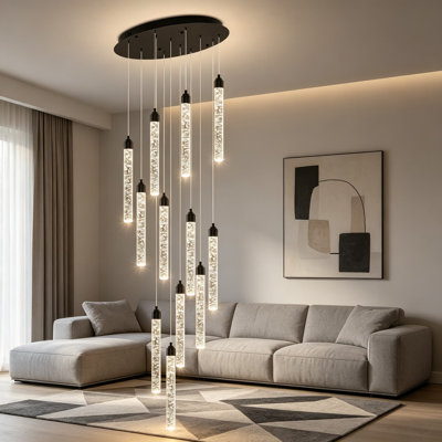 Crystal Staircase Chandelier, Modern Black Large Spiral Dimmable LED Cluster Raindrop Foyer Lighting, Bubble Living Room Hanging Light Fixture with Remote Control, 12-Light