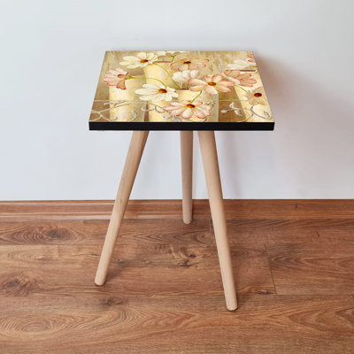 Table d'appoint charmante et impressionniste, crème et multicolore (jaune, vert, rouge), 13,8 x 16,5 x 13,8 pouces | 100% panneau de fibres à densité moyenne avec pieds en bois de hêtre robuste, motif floral élégant | Parfait pour le salon et la chambre à coucher