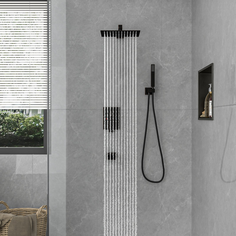 Ensemble de robinet de douche mural à 3 fonctions en bronze huilé avec pomme de douche à effet pluie de 10 po, douchette à main et bec cascade