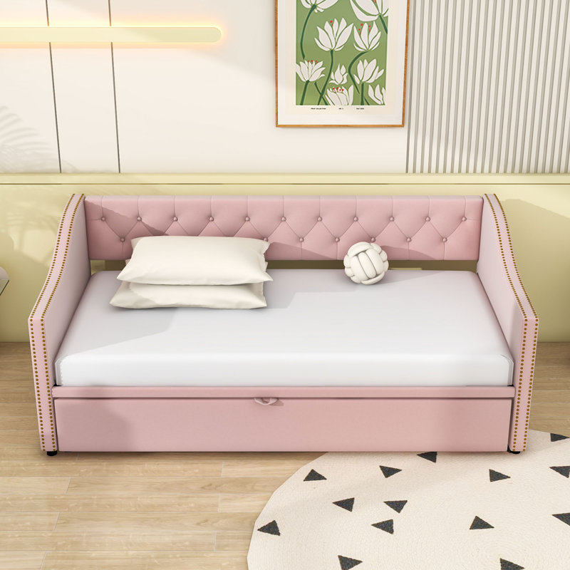 Twin Wood Upholstered daybed with Twin Trundle, Pink