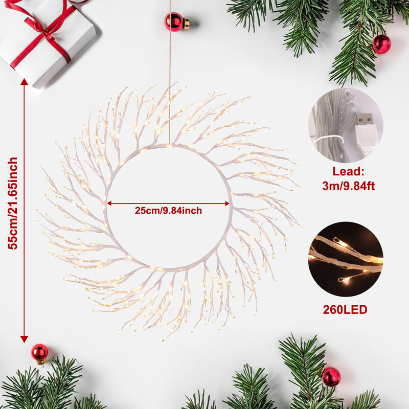 Couronne de Noël 22 pouces avec 260 lumières DEL blanc chaud (blanc, Blanc