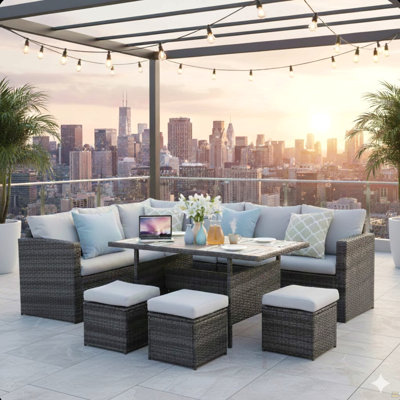 7 Piece  Wicker Outdoor Dining Set,  9-Seat  Outdoor Sectional Beige Cushions Sofa With Ottomans & Dining Table