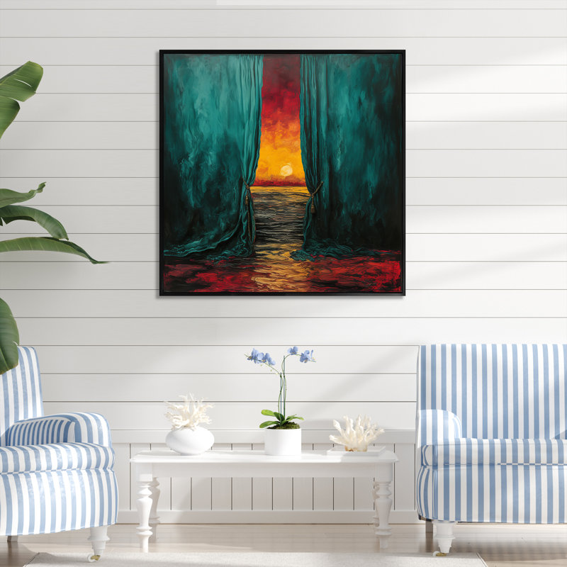 Coastal Windows Sunset Silhouette - Art mural de fenêtres côtières, Cadre flottant noir, H 16 po x l 16 po x P 1 po