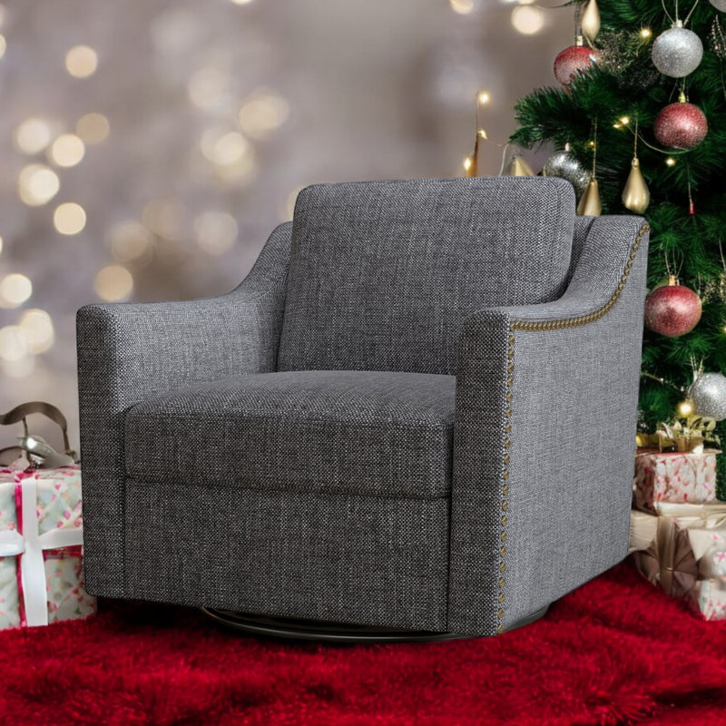Upholstery Accent Swivel Armchair With Nailhead Trim, Dark Gray Polyester