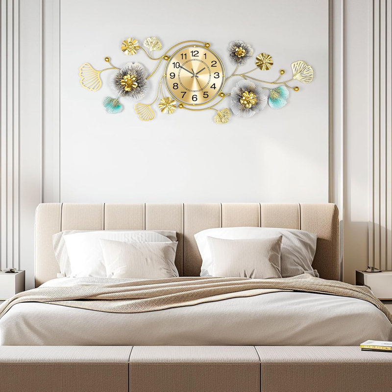 Large Wall Clock, Wall Clocks For Living Room Decor, With Silent Movement And Rotatable Dial, 3D Metal Ginkgo Leaf Design, For Living Room Wall Decor Wall Clocks(34''X12'')