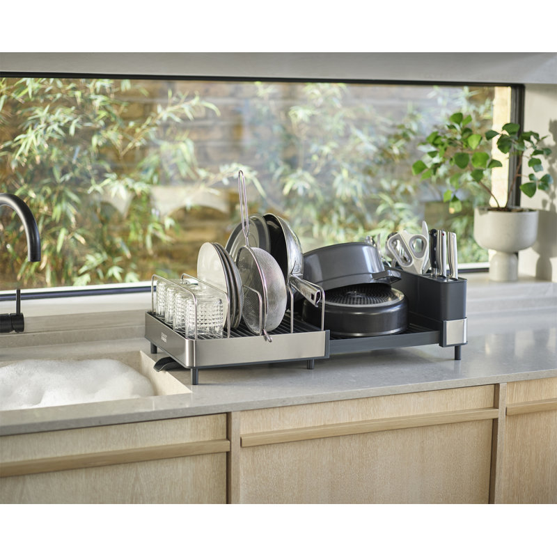 Steel Expanding Dish Rack with Utensil Cup and Draining Spout