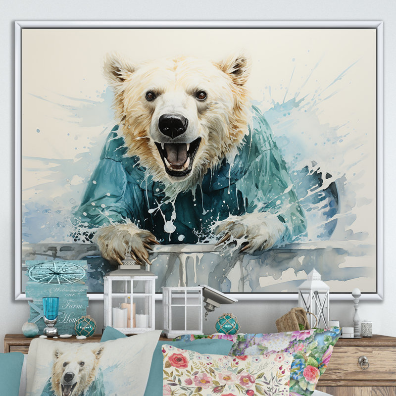 " Polar Bears Snowy Portrait ", White Floater Framed, 16" H x 32" W x 1" D