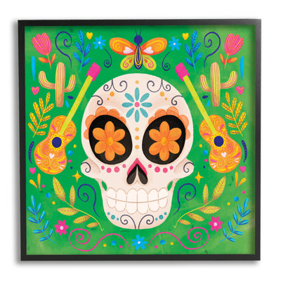 «Floral Day Of Dead», crâne de guitare encadré sur bois par ND Art, impression
