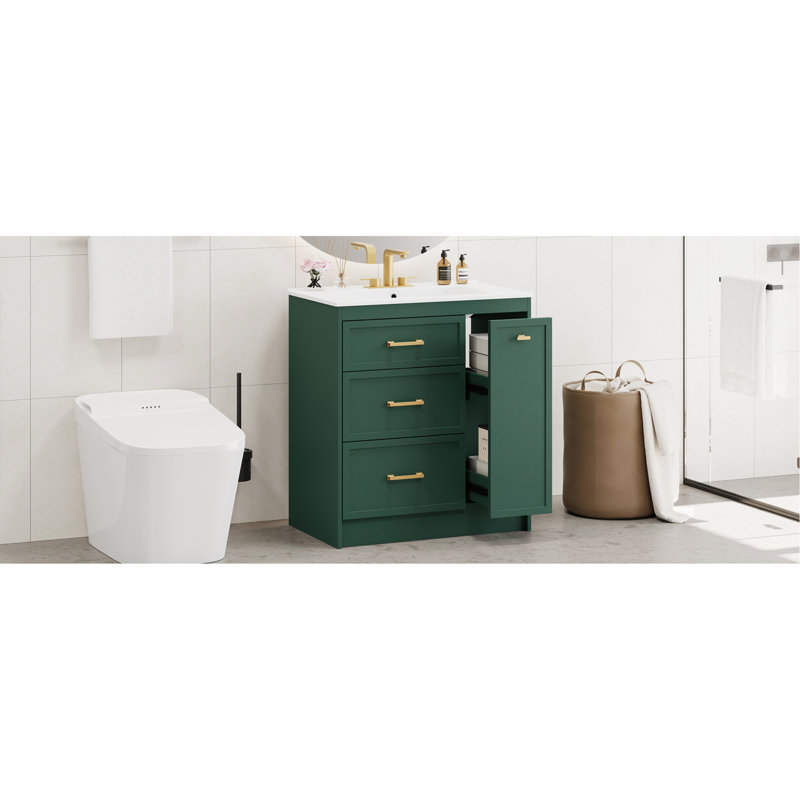 Classic 30" Forest Bathroom Vanity - Floor Standing, Compact For Small Spaces, Stain- Ceramic Basin, Ample Storage, Robust Build In Bath Fit, Basin With Overflow, Drawer Storage