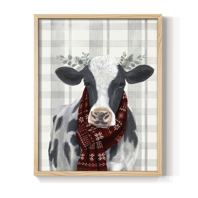 Yuletide Cow I Framed Print - Solid Wood, Natural, 11" H x 9" W